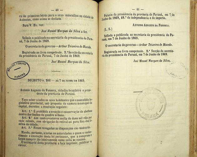 Decreto nº 206 de 7 de junho de 1869. Datado de 7 de junho de 1869, publicado pela presidência da província do Paraná. O decreto proíbe a criação e conservação de abelhas dentro dos limites do quadro urbano de Curitiba. Ele também regulamenta a criação de colmeias fora da área urbana, com o objetivo de evitar possíveis transtornos. Este decreto é um exemplo da regulamentação de atividades econômicas pela administração pública da época, visando ao controle do ambiente urbano.